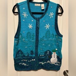 Kim Rogers Teal Knit Vest with Snowman Design - size XL